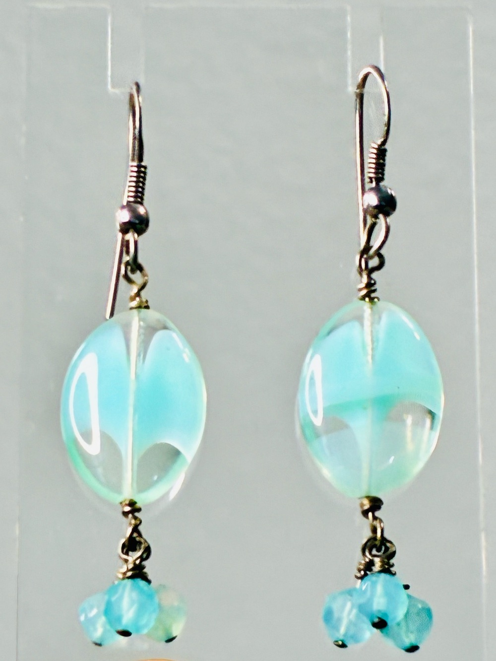 Aqua Glass Dangle Earrings with Bead Cluster - Women Jewelry